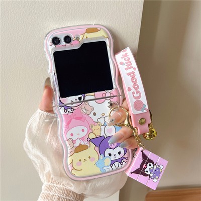 For Samsung Galaxy Z Flip 6 5 4 3 Hello Kitty Rubik Cube Chain Strap Case Cover