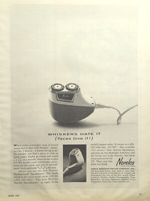 Norelco Electric Shaver Faces Love It Whiskers Hate It Vintage Print Ad 1962