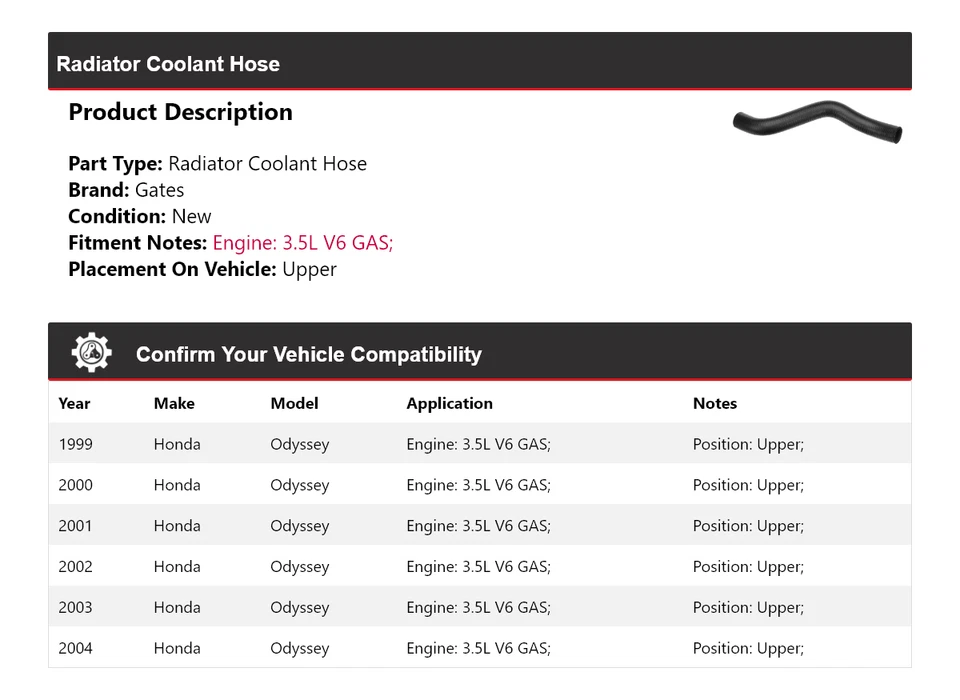 Manguera de refrigerante de radiador de gas V6 3,5 L para Honda Odyssey 1999-2004 puertas superiores 2000 Foto 2 de 4