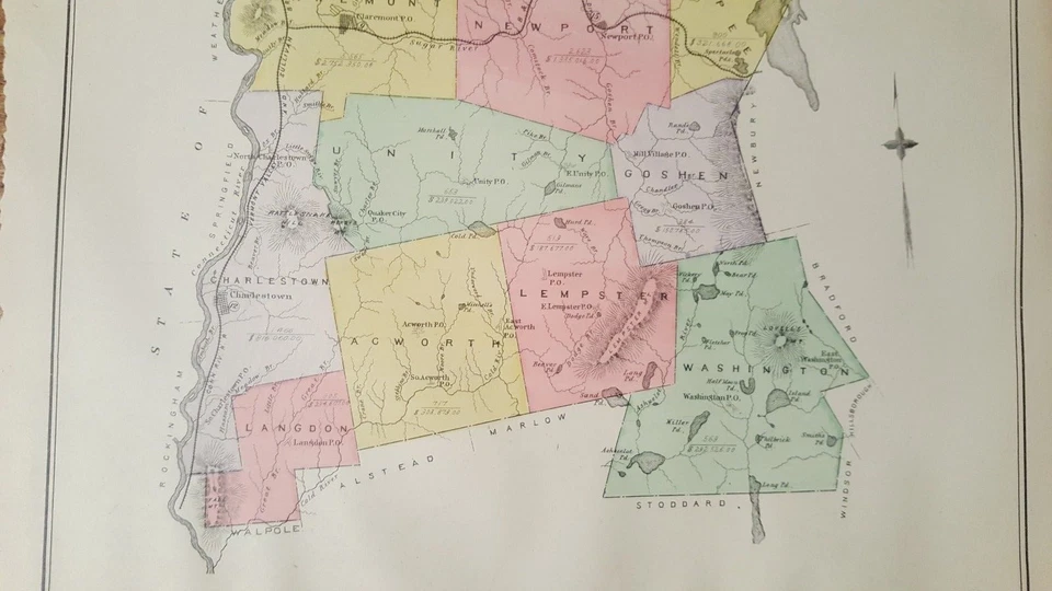 MAPA ANTIGUO - CONDADO DE SULLIVAN o NEWPORT - N.HAMPSHIRE - ATLAS 1892 Foto 3 de 4