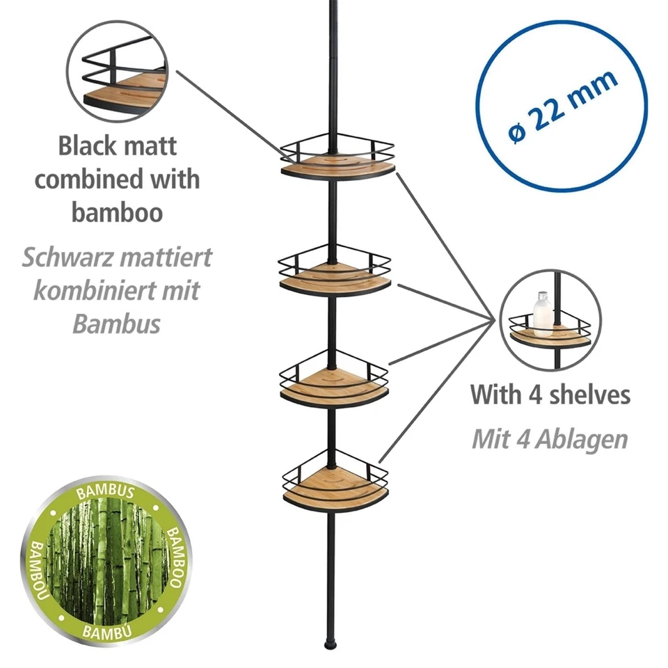 Mensola Doccia Telescopica DOLCEDO, in Bambù e Acciaio Inox, 31 x 65-275 x 23 cm, Schw - Immagine 2 di 4