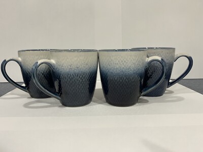 Set Of 4 Pfaltzgraff Eclipse Blue & White 14 oz Mugs Coffee Tea Ombre Textured