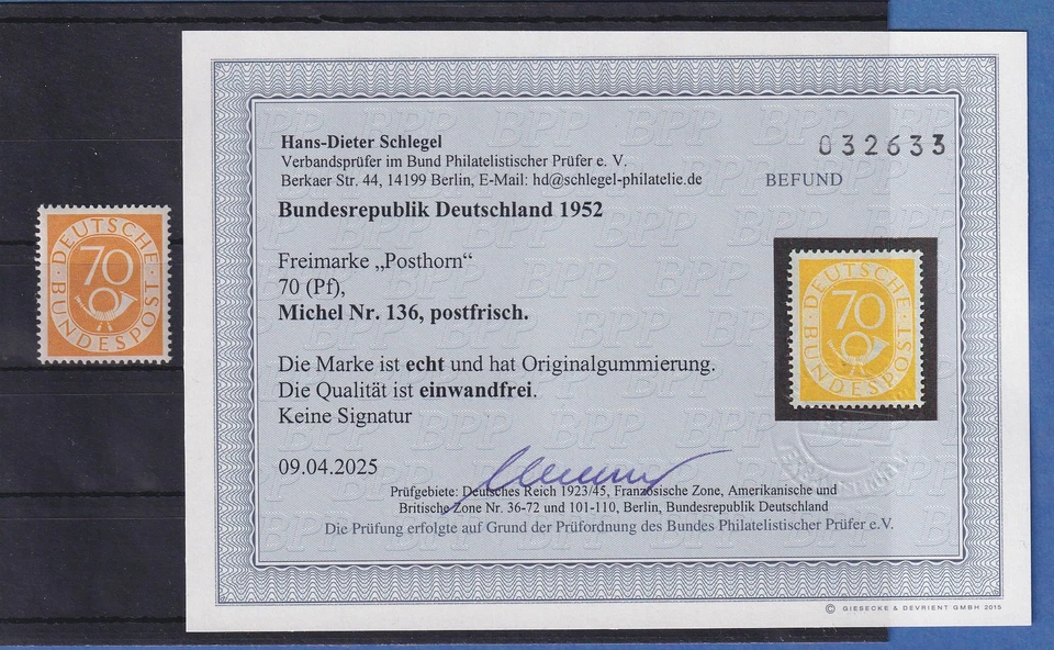 Bundesrepublik Posthornsatz 70Pfg-Wert Mi.-Nr. 136 postfrisch ** Befund Schlegel - Bild 1 von 1