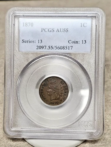 1870 Indian Head Cent - AU55 - PCGS - Old Blue Label - Die Crack Thru Date