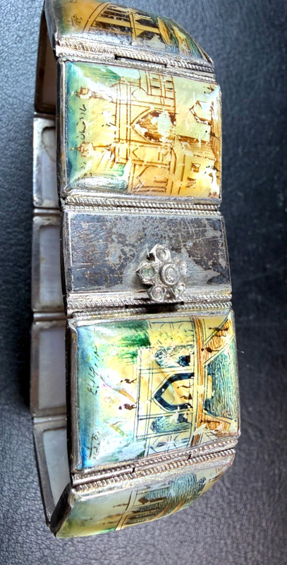 Vintage Persian Silver Enamel Bracelet Hand Painted Islamic Signed