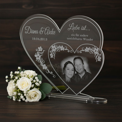 Aufsteller Doppelherz Foto Gravur - individuell- Valentinstag Hochzeit Geschenk