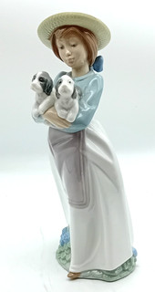 NAO BY LLADRO (SPAIN) Daisa 1991 Figurine of Girl Holding Two Puppies