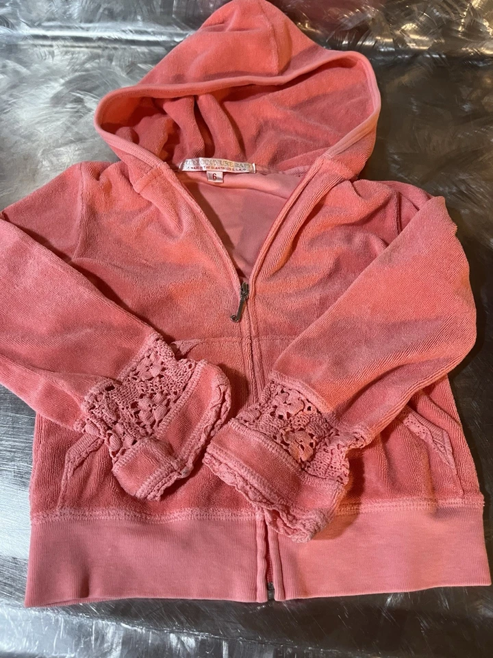 Y2K Juicy Couture Terry Peach Long Crochet Trim Sleeve Terry Zip Up Hoodie Girls - Image 3 of 4
