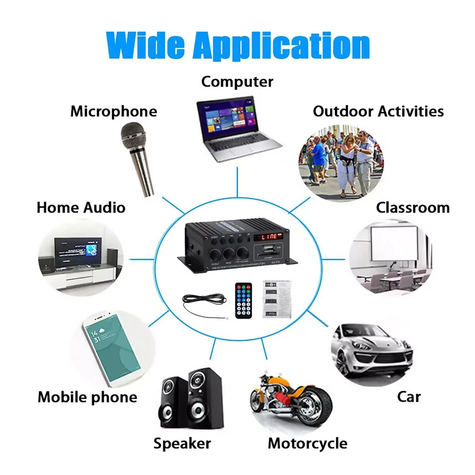 Amplificador digital 12V/AC 220V Bluetooth HIFI mini áudio estéreo USB FM carro doméstico - Imagem 4 de 4