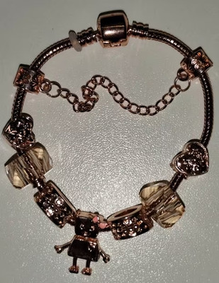 8x Charm 1x Armband 18cm Herz Rose S925 Roboter Emaille Krone DIY 4Pandora