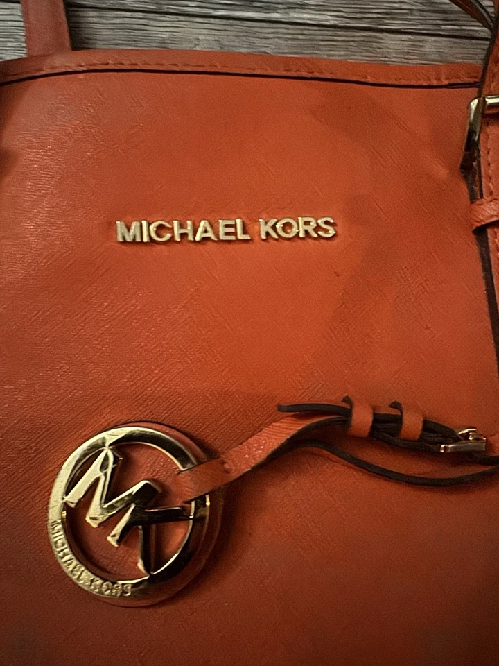 Michael Kors Jet Set 托特包 橙色 Saffiano 皮革 MK 魅力 内穿 — 第 2/4 张图片