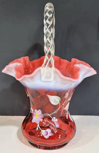Fenton Art Glass Hand Painted Cranberry Opalescent Basket signed by Don Fenton