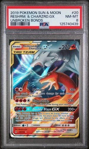 PSA 8 Reshiram & Charizard GX Unbroken Bonds 20/214 Pokemon Card (2019)