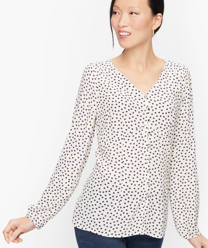 Talbots Scattered Dots Blouse Ivory w/ Navy Blue Dots Sz 14 NWT