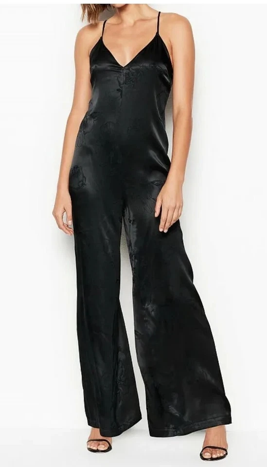 Новый с Ярлыками VICTORIA'S SECRET глубокий V крест назад цветочный жаккардовый комбинезон черный S - Изображение 2 из 4