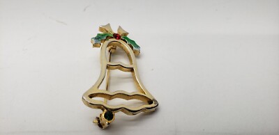 BJ Vintage Silver/Gold Tone Christmas Bell And Rhinestone Jewel Brooch  Marked