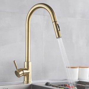 Brushed Gold Kitchen Faucet Pull Out Sprayer Swivel Spout Deck