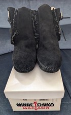 VTG 1998 Minnetonka 2-Button Soft Soled Boots Wm Sz 8 BLK Suede 439 OG Box USA