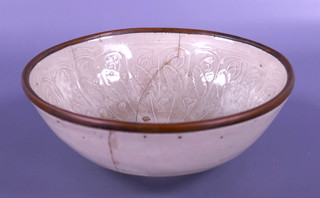 Antique Song Chinese Ding Porcelain Bowl Metal Rim White Glazed Floral Label