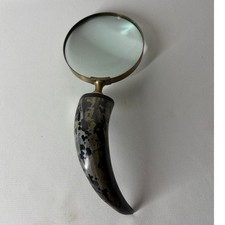 Vintage Curved Horn Handle Brass 4" Magnifying Glass