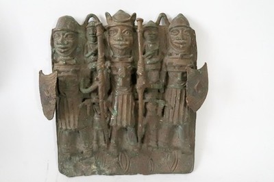Vintage BENIN Bronze Plaque African Art King Oba & Warriors Relief Nigeria 13''