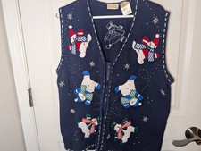 VTG Bobbie Brooks Snowman Winter Embroidered Christmas Sweater Vest Sz L