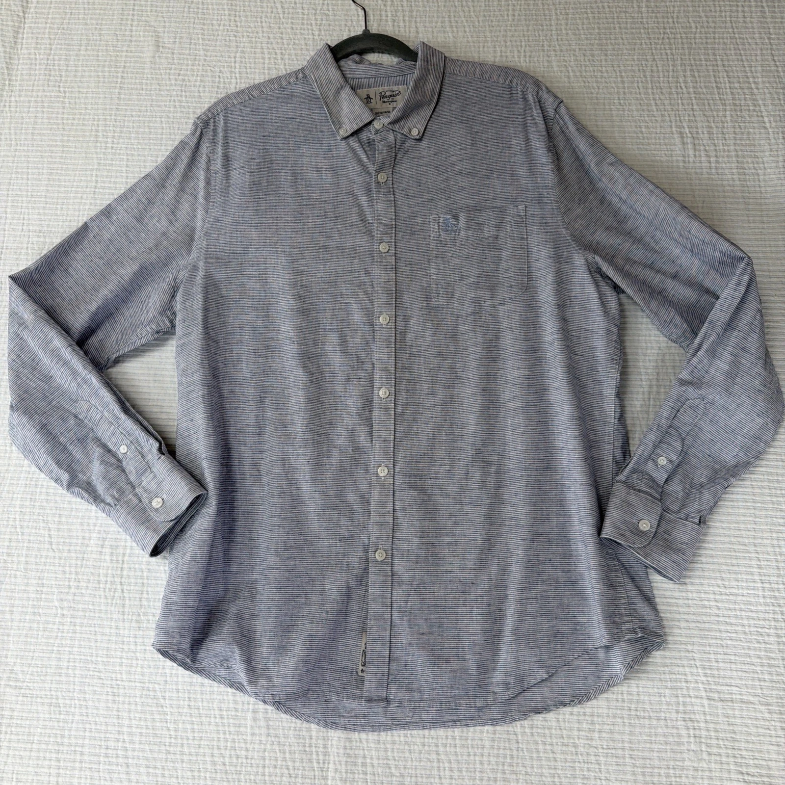 Original Penguin Linen Blend Long Sleeve Button Down BLUE Striped Shirt Men XL