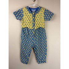 Vintage 1990s Gymboree Romper XS Blue Yellow Floral French Country Jumpsuit