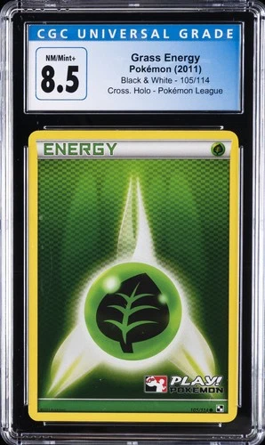 2011 POKEMON B&W,  CROSS. HOLO,  POKEMON LEAGUE #105/114 GRASS ENERGY CGC 8.5