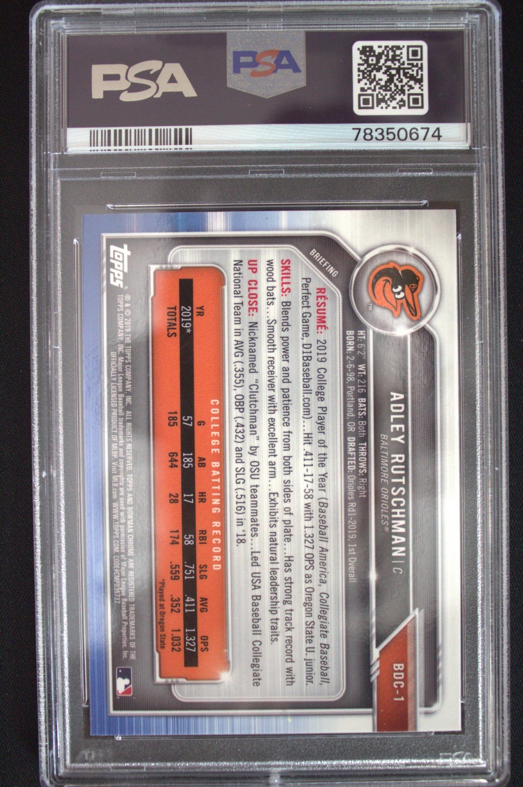2019 Bowman Draft - Chrome Adley Rutschman #BDC-1 Batting (RC) PSA 10 Rookie Car view 4