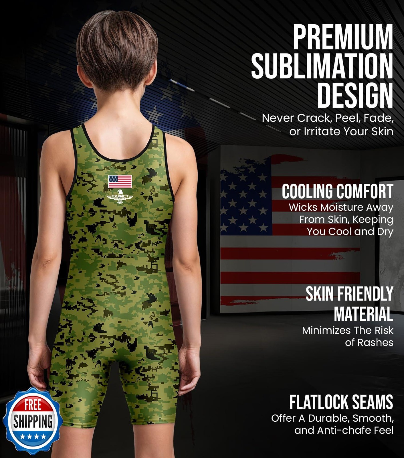 Exxact Sports Digital Camouflage Youth Wrestling Singlet For Boys, Premium Po