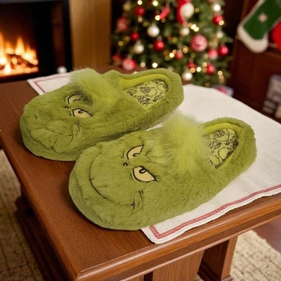 DIVAS WORLD Grinch Fluffy Slippers Soft Warm Plush Slip On House Shoes Sizes 3/4 5/6