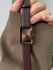 Vintage Rectangular Women Cut Crystal Dial Brown Leather Strap Quartz Wristwatch