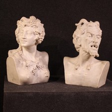 Pair of White Marble Busts Sculptures 2 Statues Faun Satyr Nymph 19th Century