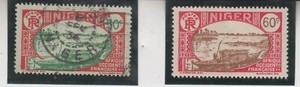 Niger 1926. Native boat on the Niger.  50c, 60c. Sc# 46, 48. Used