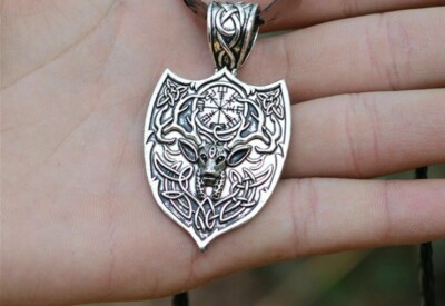 large NORDIC VIKING AMULET DEER 925 Sterling Silver 22'' Chain Necklace men man