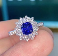 2.30Ct Cushion Cut Lab-Created Sapphire Halo Cluster Ring 925 Sterling Silver