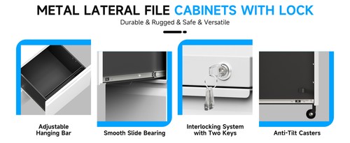 2 Drawer Mobile Metal File Cabinet 2-Tier Under Desk Rolling Filing Cabinet WH - Picture 9 of 15