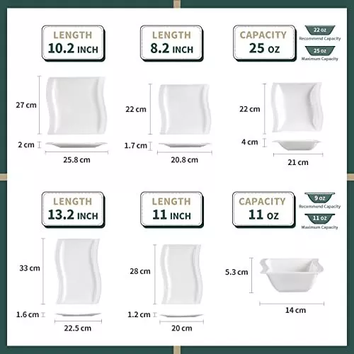 MALACASA Plates Set, Porcelain Dinnerware Sets for 6, 26-Piece Square Dish Ivory White, Series Flora