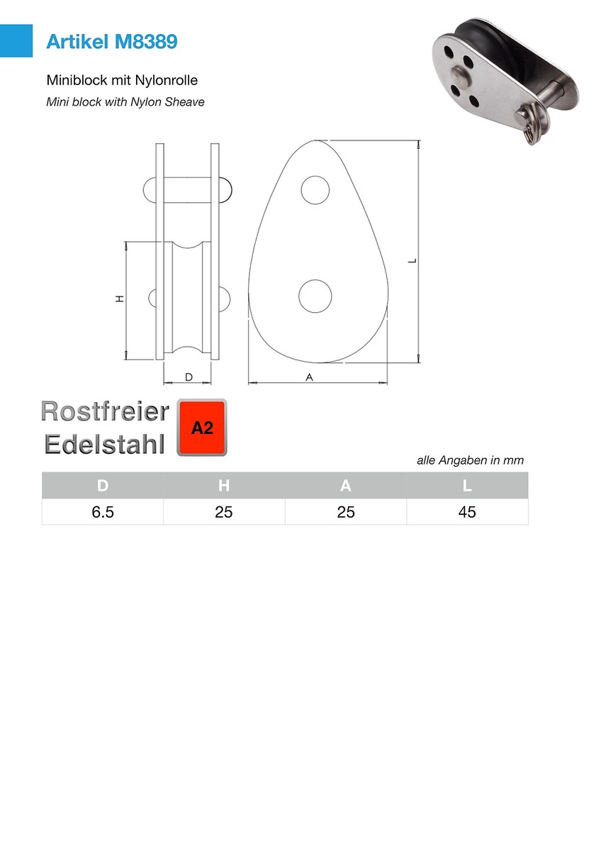 Miniblock Mit Kugellager-Seilrolle Aus Edelstahl A4 – 25 Mm Rolle, 6,5 Mm Seildurchmesser, Leicht & Kompakt