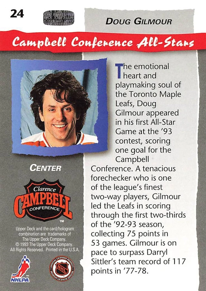 Doug Gilmour 1992 Upper Deck All-Star Locker Series #24 Toronto Maple Leafs - Image 2 of 2