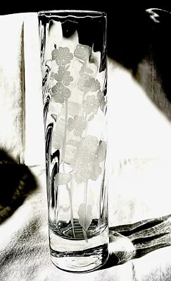Turkish Pasabahce Etched Floral Design Glass Bud Vase 8   Vintage