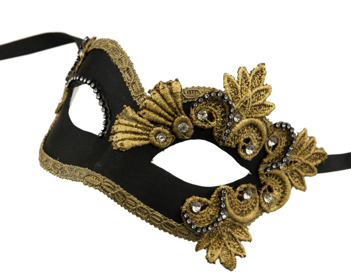 Mask Venice Colombine Macrame Rhinestone Black Golden Satin Paper
