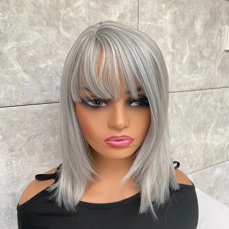 Парик средний прямой серебристый серый смесь синтетических волос женский мягкий натуральный с челкой - Изображение 2 из 4