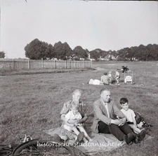 Grandparents with Grandchildren - Motorcycle Bike Meadow - Vintage Photo NEGATIVE 1950s