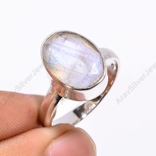Rainbow Moonstone Ring Cut Stone 925 Sterling Silver Promise Boho Rings Jewelry