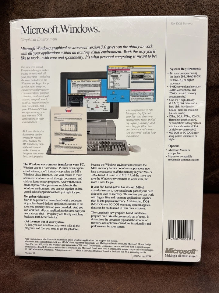 Microsoft Windows 3.0 NEW SEALED VINTAGE 5.25" Version for DOS Floppy Disk Rare - Image 3 of 4