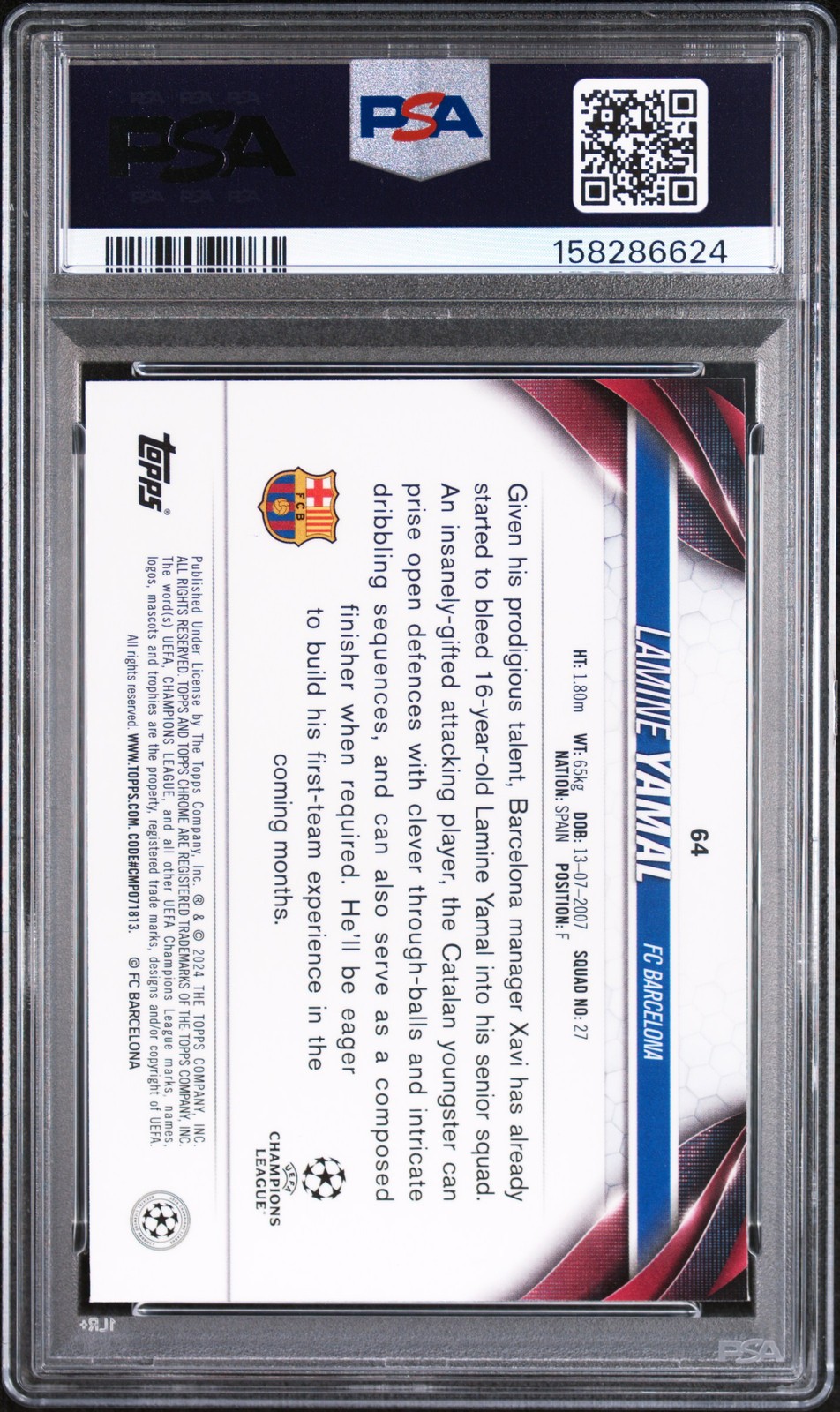 2023-24 TOPPS CHROME SAPPHIRE EDITION UCC LAMINE YAMAL ROOKIE RC PSA 9 view 2