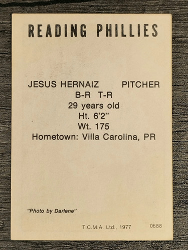 1977 Reading Phillies TCMA #14 Jesus Hernaiz (EXMT) - Afbeelding 2 van 2