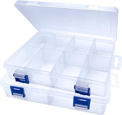 2 Pcs 8 Grids Clear Plastic Storage Box with Adjustable Dividers, Stackable 8 